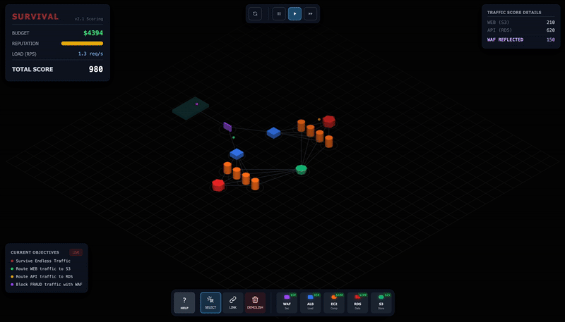 SORA gameplay — placing services on the isometric grid as traffic flows in