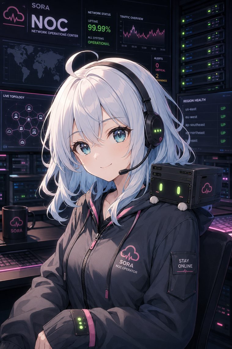 Sora, the NOC operator, at her datacenter ops desk with her server-unit companion